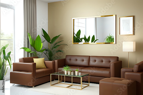 Modern design of living room with brown eco leather couch, soft cushions, mirror with golden frame, copy space picture frame on wall and houseplant in pot. 3d illustrasi photo