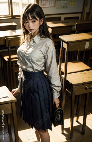 Beautiful asian woman in school uniform standing in the classroom. © Frozen Design