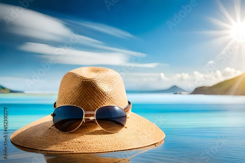 hat and sunglasses on the beach photo
