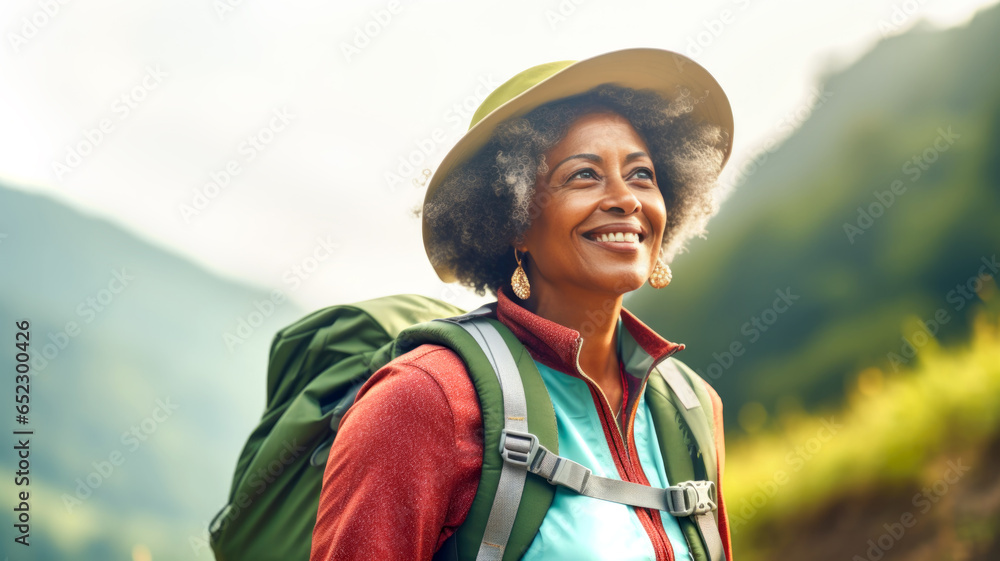Healthy retirement lifestyle. Portrait of an elderly African American woman in the forest. Joyful beautiful retired woman traveling through the forest. Generated by AI