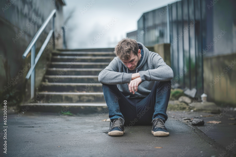 A sad and drunk individual, dealing with loneliness and the burden of stress, sitting alone and in sorrow. A sad and drunk individual, dealing with loneliness and the burden of stress, sitting alone and in sorrow.