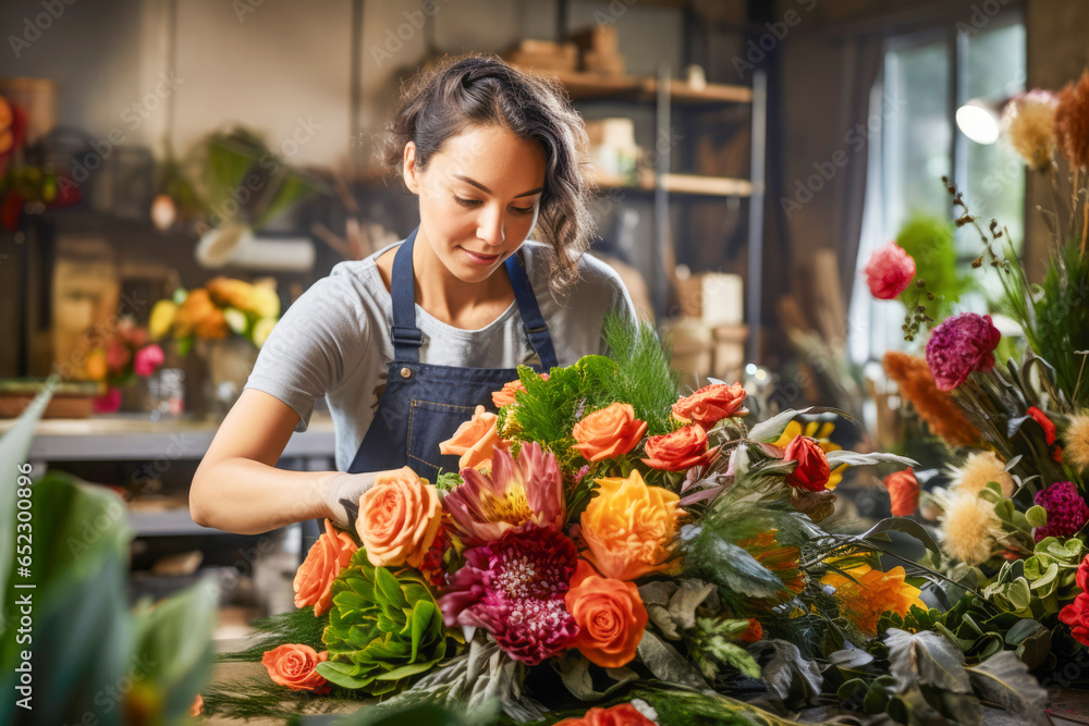 Botanical Expertise: A young woman's floral store showcases her skill as a florist, where she designs bouquets and tends to a variety of flowers.