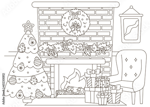 Christmas indoor interior of living room with christmas tree, fireplace and holiday wreath coloring page for kids and adults, new year themed outline art for postcard design