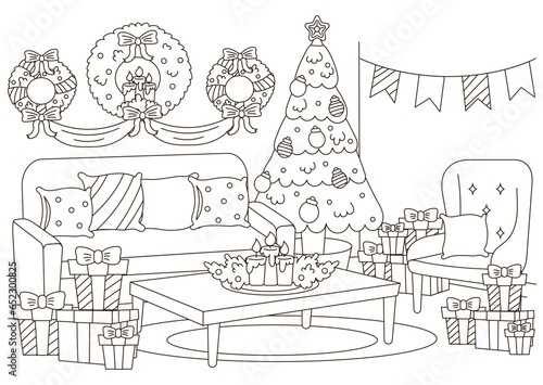 Christmas indoor interior of living room with christmas tree, table and holiday wreath coloring page for kids and adults, new year themed outline art for print and web