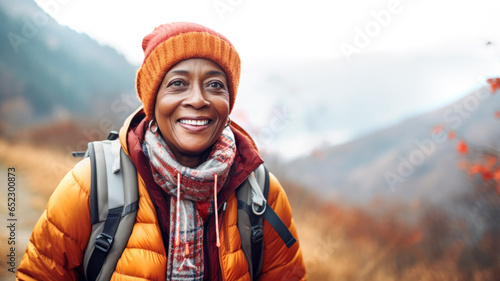 Healthy retirement lifestyle. Portrait of an elderly African American woman in the forest. Joyful beautiful retired woman traveling through the forest. Generated by AI