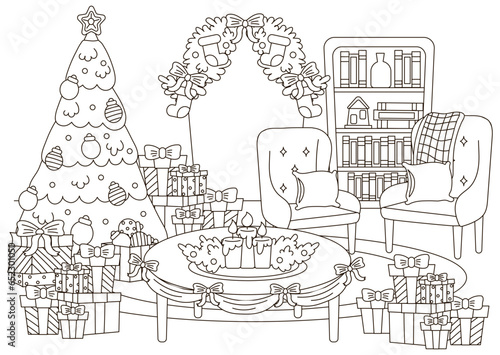 Christmas indoor interior of living room with christmas tree and library, winter house theme coloring page for kids and adults, activity for print, cozy outline background