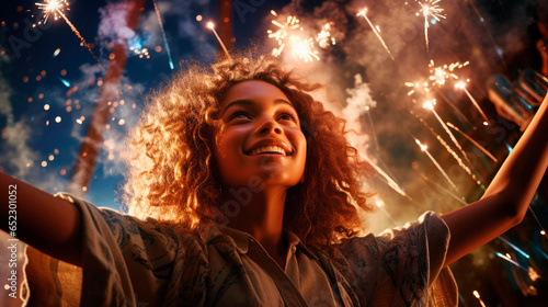 portrait young latin american woman smiling in celebration with fireworks