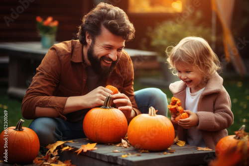Happy father helping kids boy and girl to carve Halloween pumpkin at home