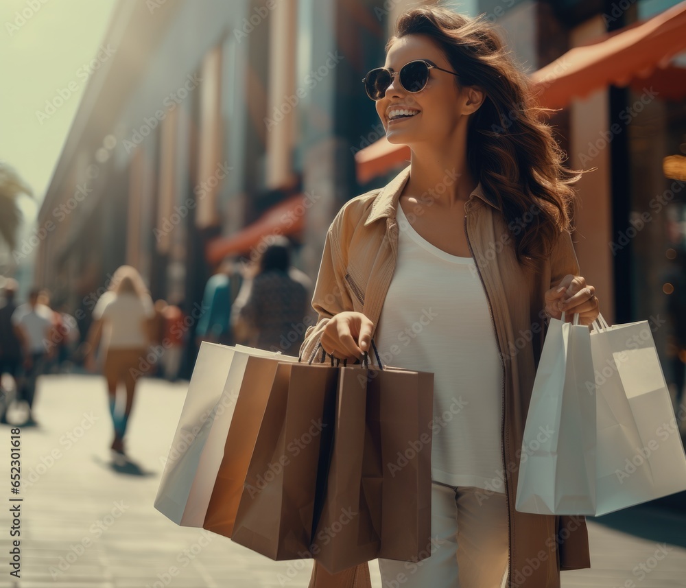Smiling happy young stylish mid aged woman on sunny day in sunglasses with brown and white paper bags on sunny street after shopping on Black Friday Smiling happy young stylish mid aged woman on sunny day in sunglasses with brown and white paper bags on sunny street after shopping on Black Friday
