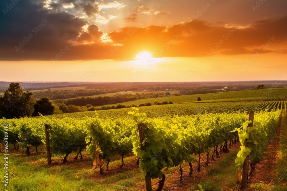 a sunset view of a vineyard. Generative AI