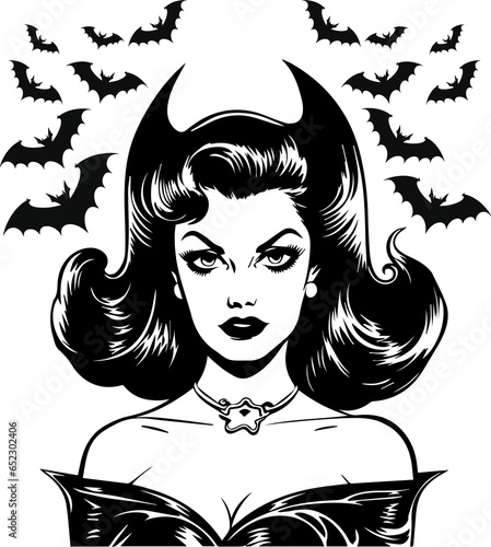 Halloween illustration woman and flying bats background, Happy halloween, Illustration