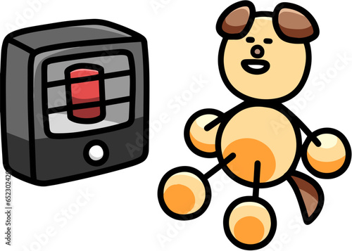 ストーブで暖まるわんまるのイラスト　犬
