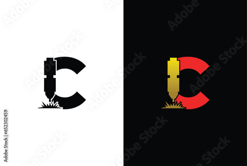 Initial Letter C Flat Laser Cutting Logo. Letter C and Laser Engraving Vector Logo Design Template.