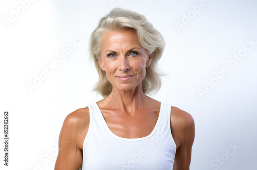 Photo of muscular senior woman on white background