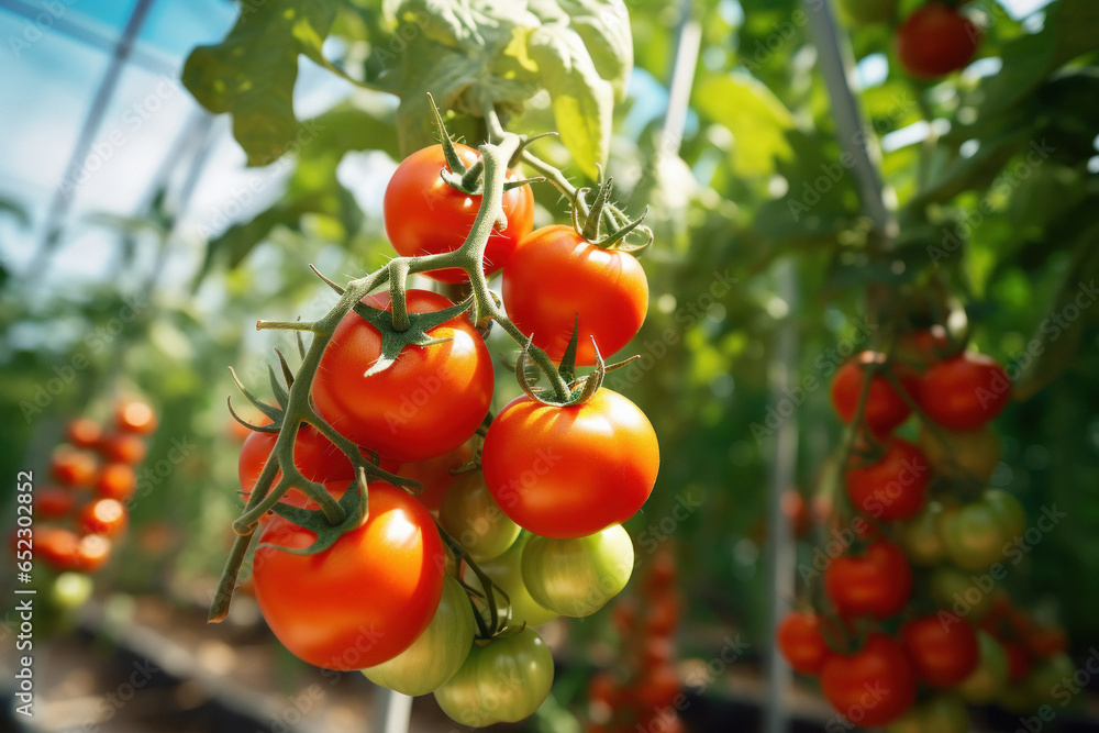 Fresh red tomato bunch on tree branch at agriculture field.