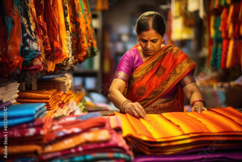 Indian female shopkeeper showing traditional saree or clothes at his store. photo