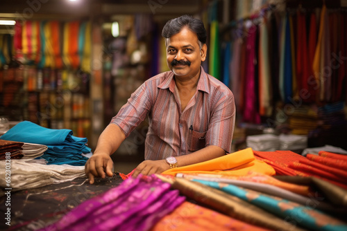 Indian shopkeeper showing traditional saree or clothes at his store. photo