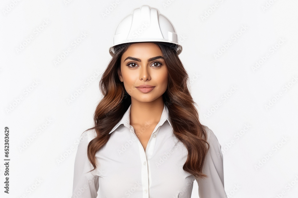 Young and confident female engineer wearing hard hat standing on white background. Young and confident female engineer wearing hard hat standing on white background.