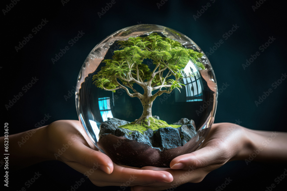 Crystal glass globe with growing tree in hand Crystal glass globe with growing tree in hand