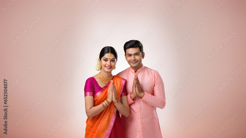 Obraz premium Indian couple in traditional wear and doing namaste or welcome gesture.