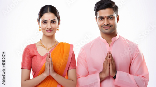 Indian couple in traditional wear and doing namaste or welcome gesture. photo