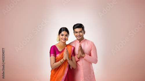 Indian couple in traditional wear and doing namaste or welcome gesture.