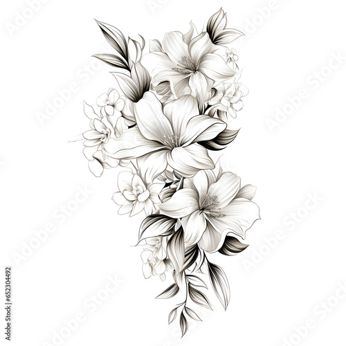 Floral black line art ink drawing with label on light grey elemen