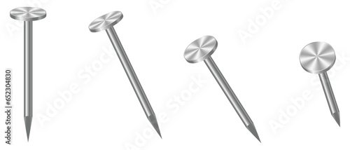 Realistic 3d metal nails. Nail metal. Realistic set of metal pins. Metallic hardware vector set. Vector illustration