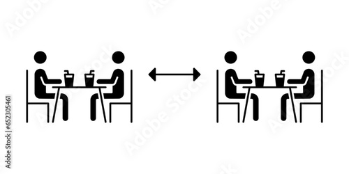 Two group people drinking coffee in cafe icon. New normal dine in concept with safe table. keep social distancing as prevention spread of Covid19. Solid, Glyph style. vector illustration Design