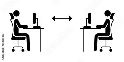 New normal concept in work office desk icon. Two people working, sit at their desk with a computer. Keep social distance in work place in covid19 pandemic. Glyph style. vector illustration