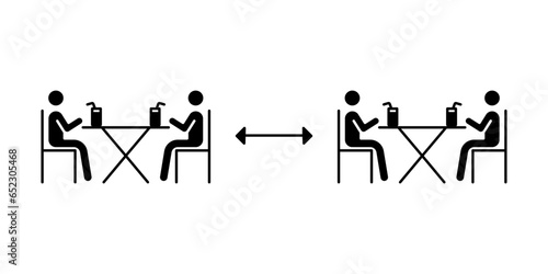 Two group people drinking coffee in cafe icon. New normal dine in concept with safe table. keep social distancing as prevention spread of Covid19. Solid, Glyph style. vector illustration Design