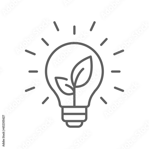 Sustainable ecological energy icon. Shining electric ecology light bulb with leaf inside. Go green lamp tube silhouette. Editable stroke. Line vector illustration. Design