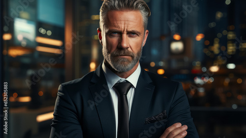 Portrait of a mature businessman in a business suit on a night city background.