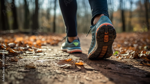 Runner feet running in autumn forest. Jogging workout wellness concept.