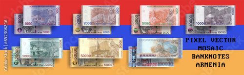 Vector set of mosaic pixel banknotes of Armenia. Collection of bills in denominations of 1000, 2000, 5000, 10000, 20000, 50000 and 100000 drams. Play money or flyers.