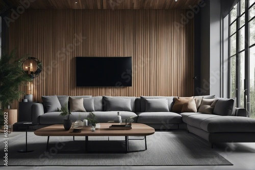 Gray sofa near wooden paneling wall and tv unit Loft interior design of modern living room