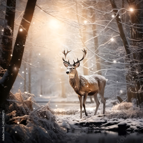 Wild Christmas deer in snowy fairy forest, mystery woodland. Cute winter holidays illustration. New Year greeting card, Generative ai © Inai