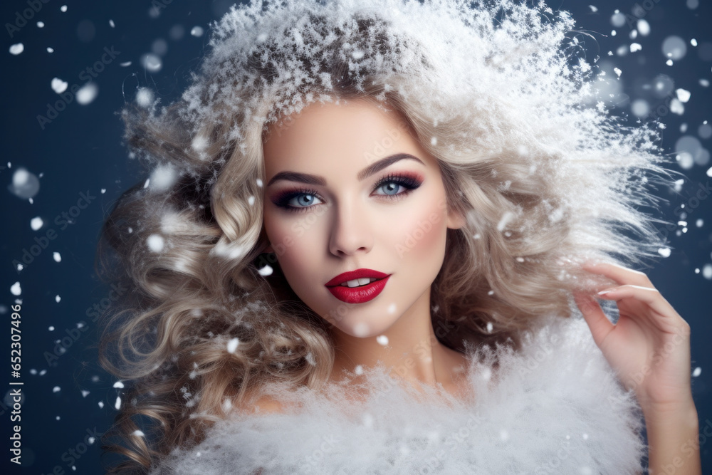 Beautiful woman with glamorous make up. Winter colors. Falling snow effect. Christmas mood