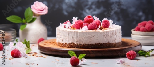 Vegan no bake cheesecake with coconut milk raspberries and coconut flakes on a marble cake stand with flowers in the background photo