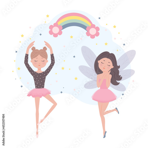 Cute girls ballerina and fairy dancing, fairy tale characters. Flat cartoon vector illustration.