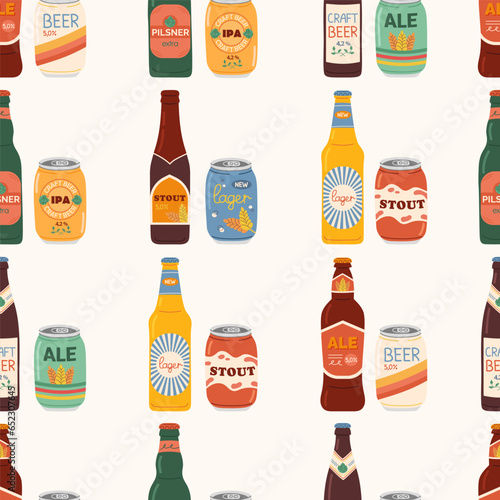 Colored hand drawn illustration of different beer types in aluminum cans and glass bottles. Square seamless pattern. Design elements for menu restaurant, pub.