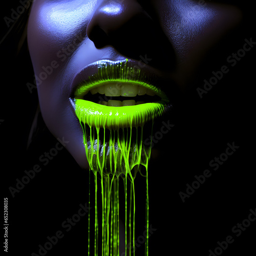 Close up of a female lips with green slobber who flows from the nose. Abstract female beauty artwork. front photo of mouth and nose of the woman