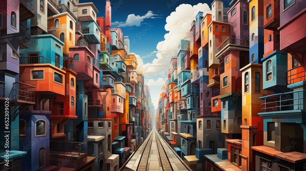 A bustling city skyline of colorful buildings, with outdoor tracks, winding streets, and windows reflecting the clouds in the sky, paints a picture of vibrant life and the freedom of travel