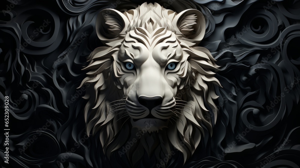 A majestic white lion with piercing blue eyes stands as a stunning, captivating work of art, a testament to the beauty and power of nature's most majestic animal