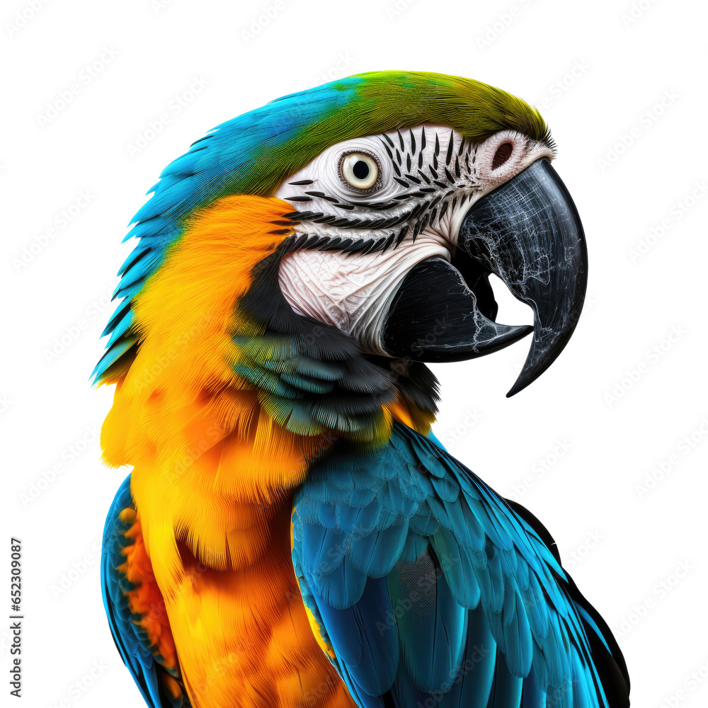 Blue and yellow  Macaw face shot side view on transparent background