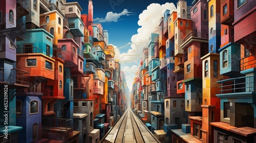 A bustling city skyline of colorful buildings, with outdoor tracks, winding streets, and windows reflecting the clouds in the sky, paints a picture of vibrant life and the freedom of travel © Envision