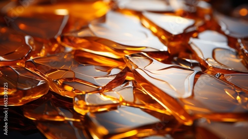 A shimmering gold and amber light illuminates an abstract composition of broken glass, evoking a sense of fragile beauty and peaceful chaos