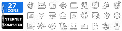 Internet computer 27 icon set. Cloud technology, data center, connection network, online, computer, website, server, web design, hardware, software, social media. Vector illustration.