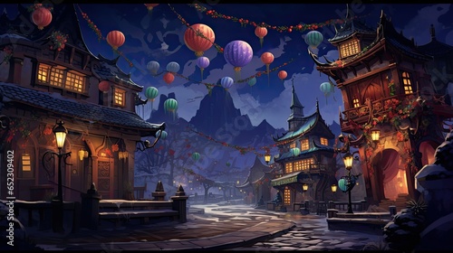 Illustration of an old town at night with a lot of lanterns, ai generative