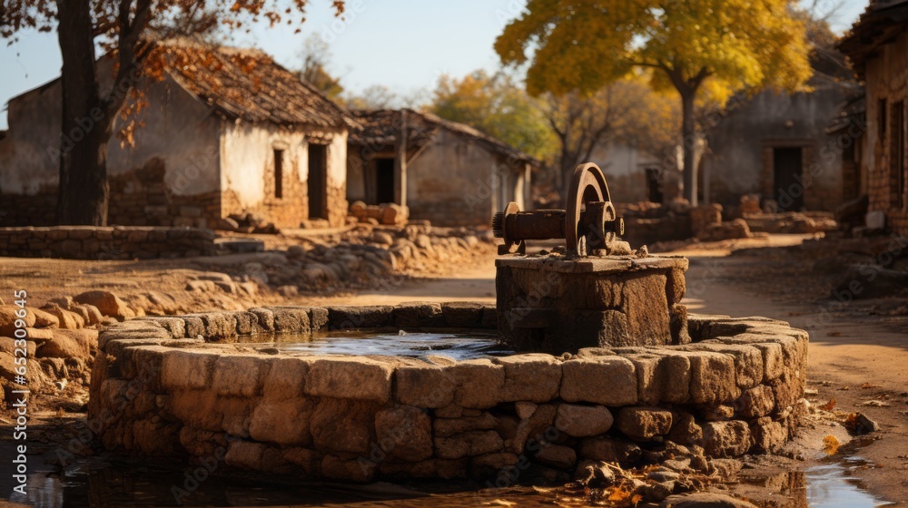 A lush outdoor scene of a majestic tree reaching towards the sky, its branches encircling an old stone water well with a wooden wheel, surrounded by ruins of a house and building